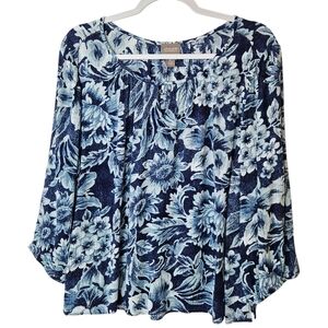 Chico's Floral Blouse Womens Size L Navy & Light Blue